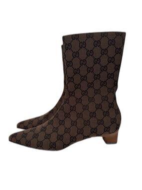 Gucci Tom Ford Vintage Dark Brown Canvas Monogram Pointed Toe Boots Authentic
